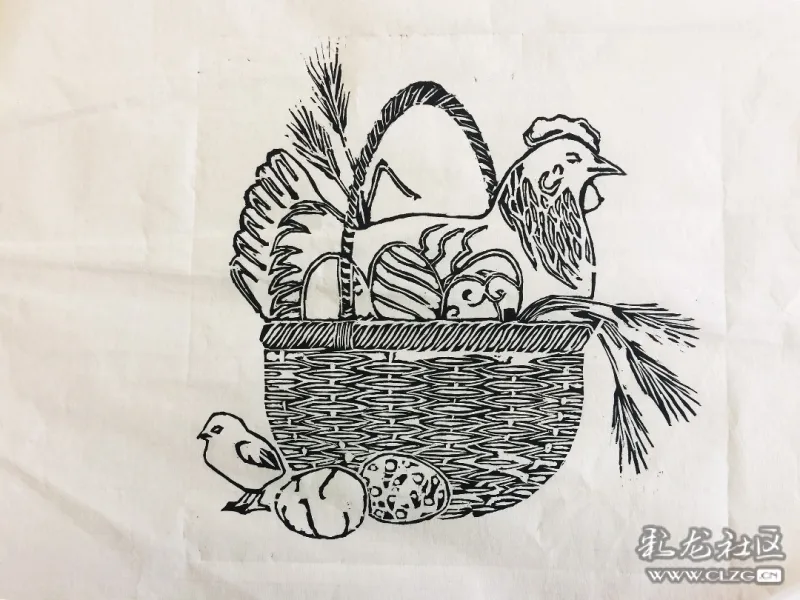 木刻版画一只老母鸡