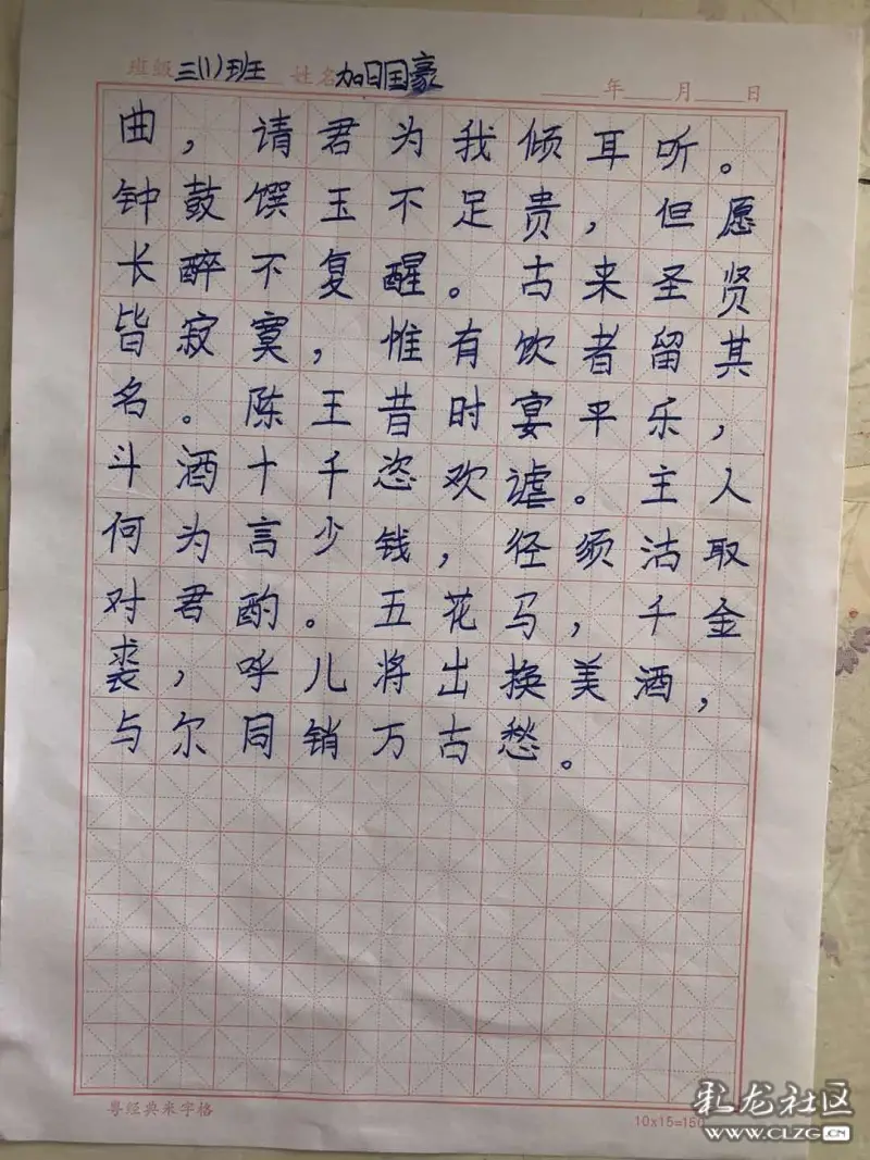 将进酒(丽江市古城区白龙潭小学,小学组硬笔书法大赛)