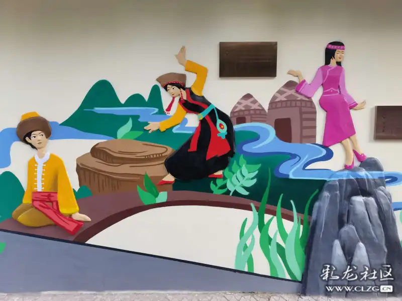 画,墙画长约五十米,采用浮雕加彩绘的形式,展示民族团结之花处处绽放